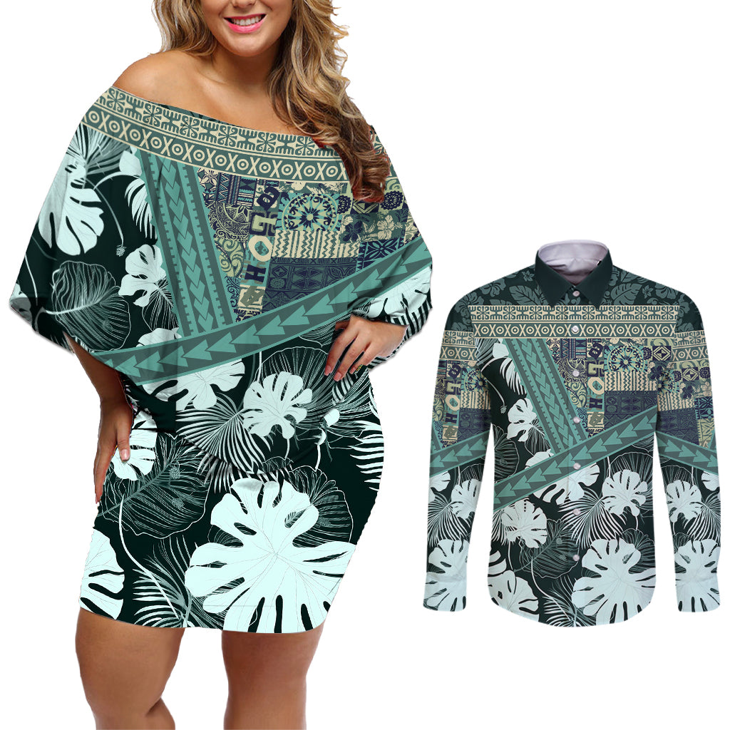 Hawaii Plant Kalo Couples Matching Off Shoulder Short Dress and Long Sleeve Button Shirt Hawaiian Tapa Pattern LT05 Green - Polynesian Pride