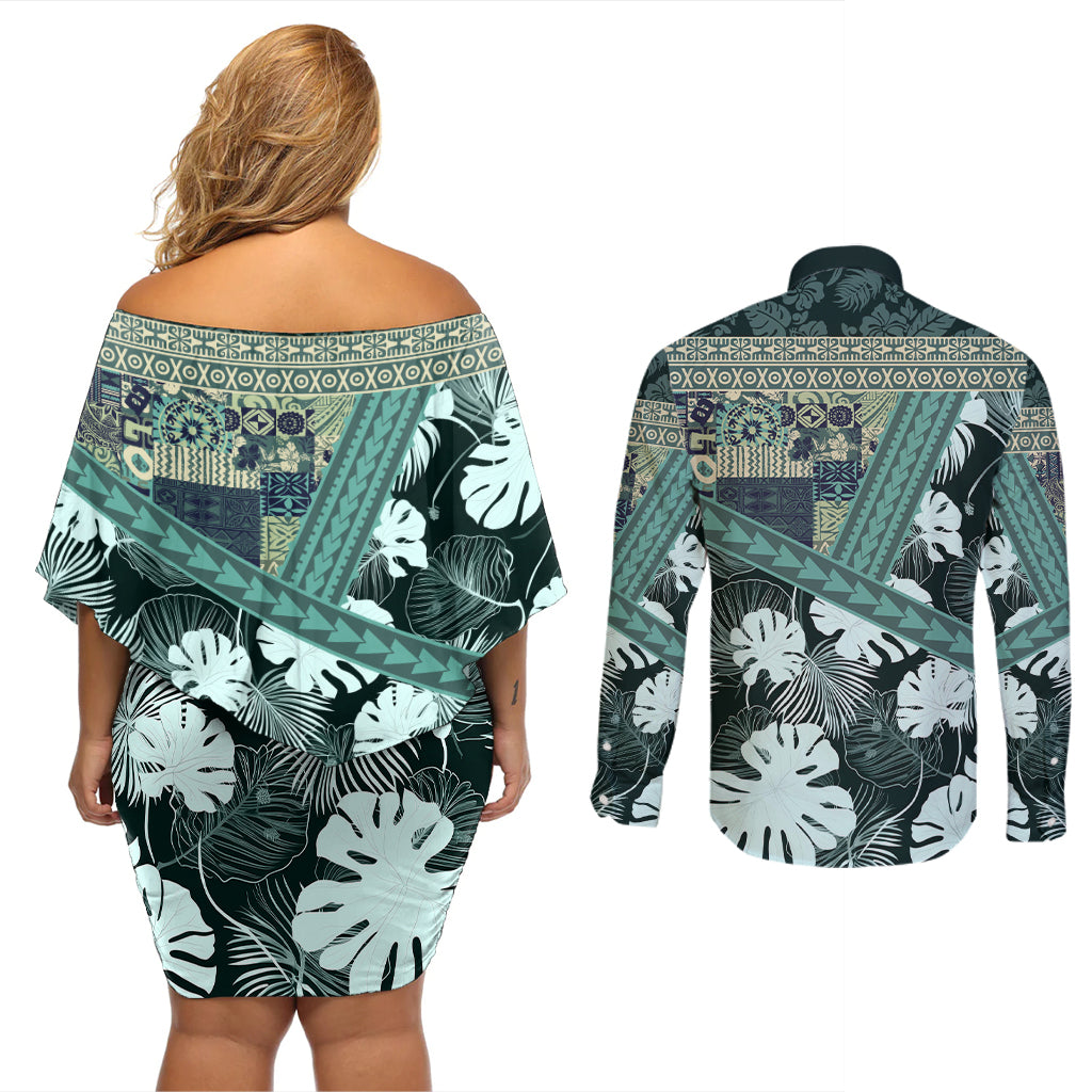 Hawaii Plant Kalo Couples Matching Off Shoulder Short Dress and Long Sleeve Button Shirt Hawaiian Tapa Pattern LT05 - Polynesian Pride