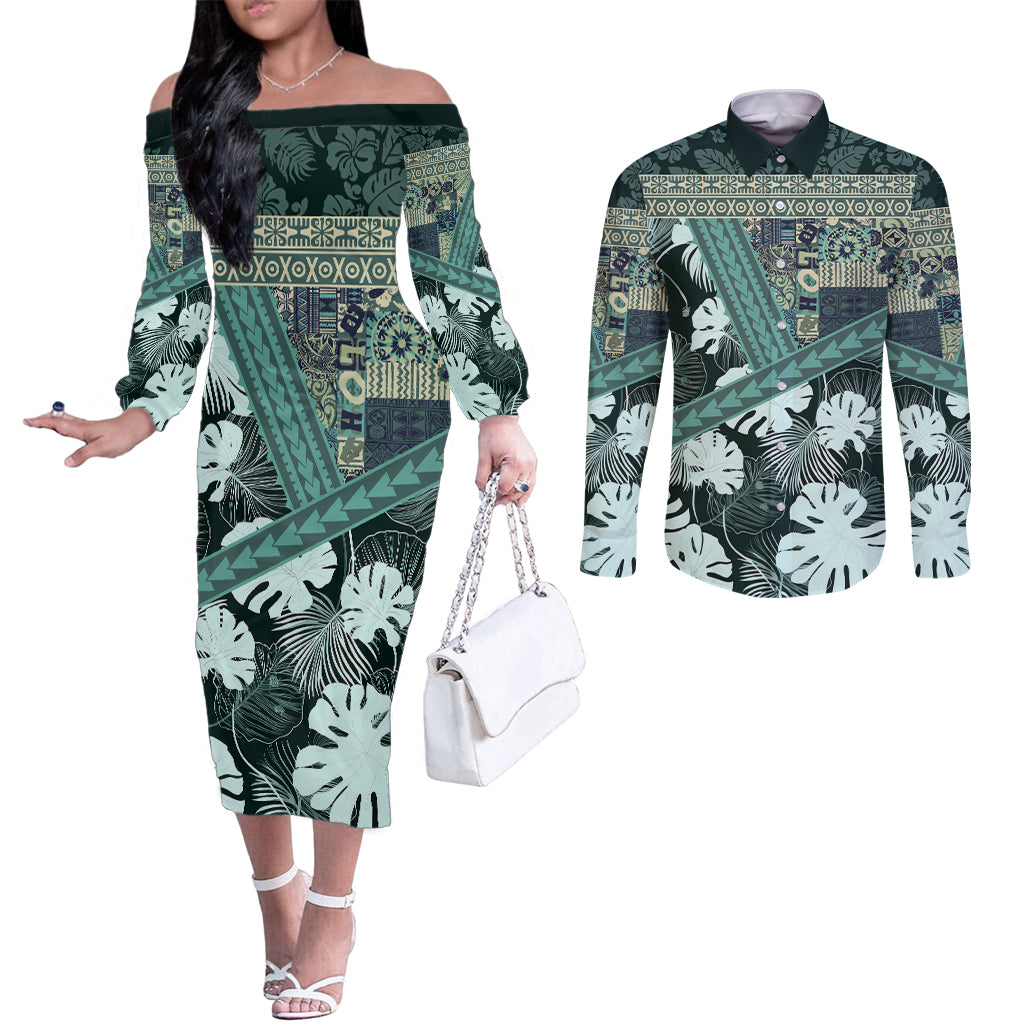 Hawaii Plant Kalo Couples Matching Off The Shoulder Long Sleeve Dress and Long Sleeve Button Shirt Hawaiian Tapa Pattern LT05 Green - Polynesian Pride