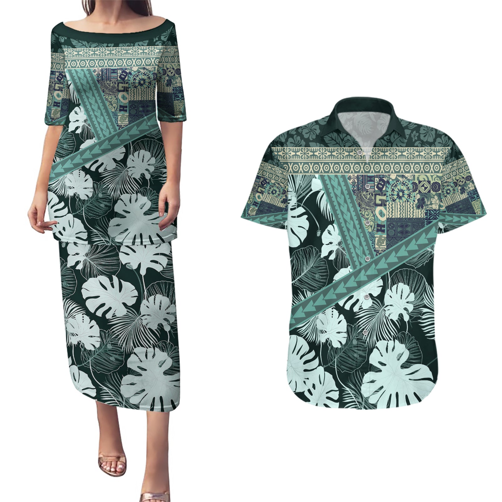 Hawaii Plant Kalo Couples Matching Puletasi and Hawaiian Shirt Hawaiian Tapa Pattern LT05 Green - Polynesian Pride