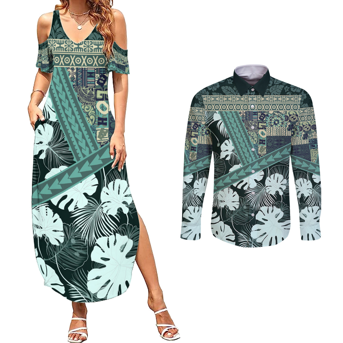 Hawaii Plant Kalo Couples Matching Summer Maxi Dress and Long Sleeve Button Shirt Hawaiian Tapa Pattern LT05 Green - Polynesian Pride