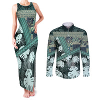 Hawaii Plant Kalo Couples Matching Tank Maxi Dress and Long Sleeve Button Shirt Hawaiian Tapa Pattern LT05 Green - Polynesian Pride