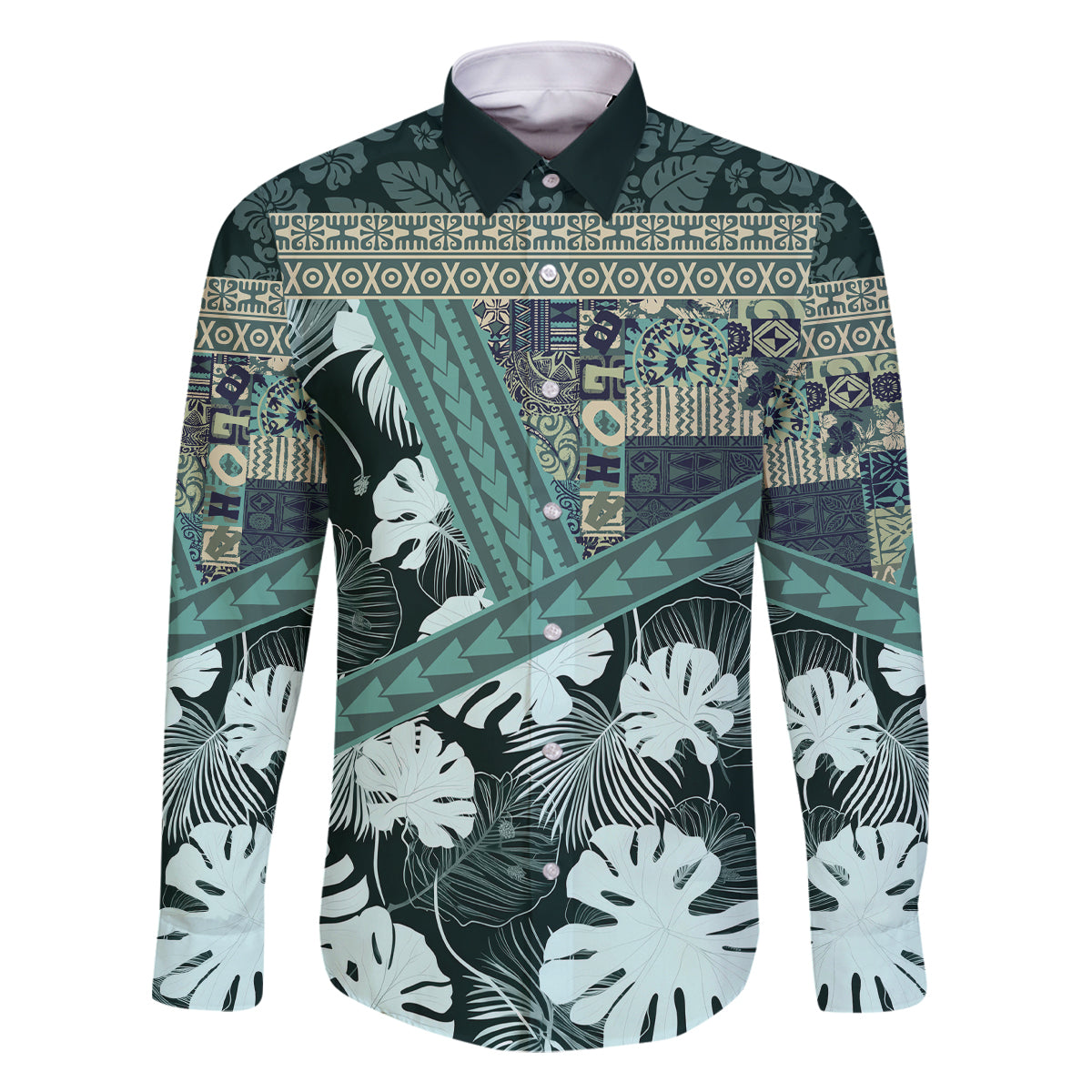 Hawaii Plant Kalo Family Matching Off Shoulder Short Dress and Hawaiian Shirt Hawaiian Tapa Pattern LT05 Dad's Shirt - Long Sleeve Green - Polynesian Pride