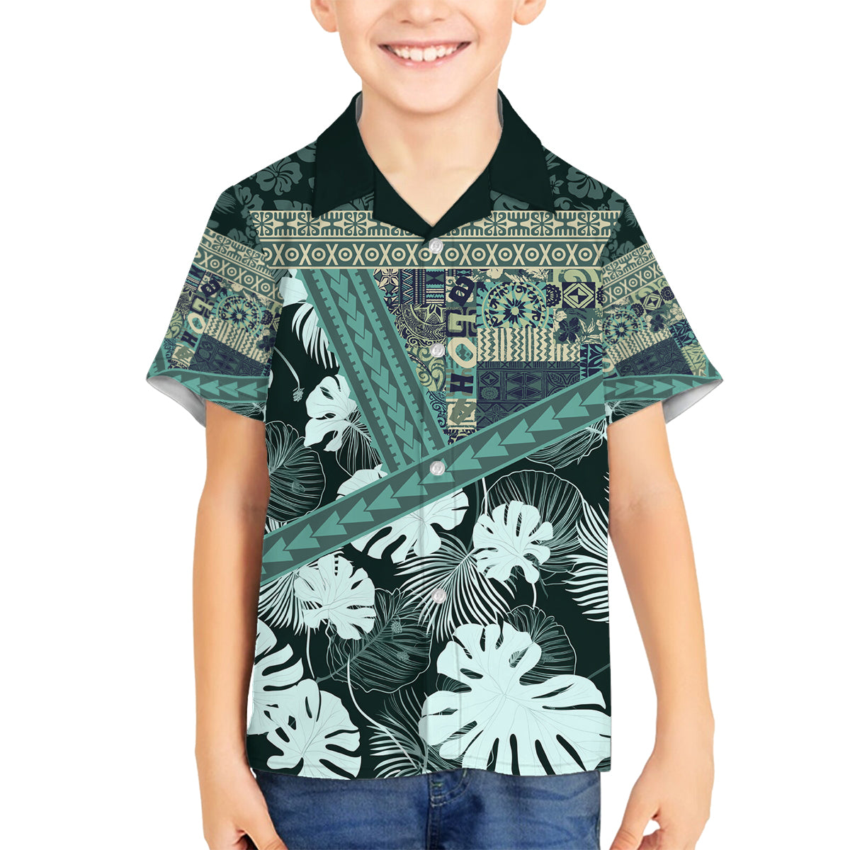 Hawaii Plant Kalo Family Matching Summer Maxi Dress and Hawaiian Shirt Hawaiian Tapa Pattern LT05 Son's Shirt Green - Polynesian Pride