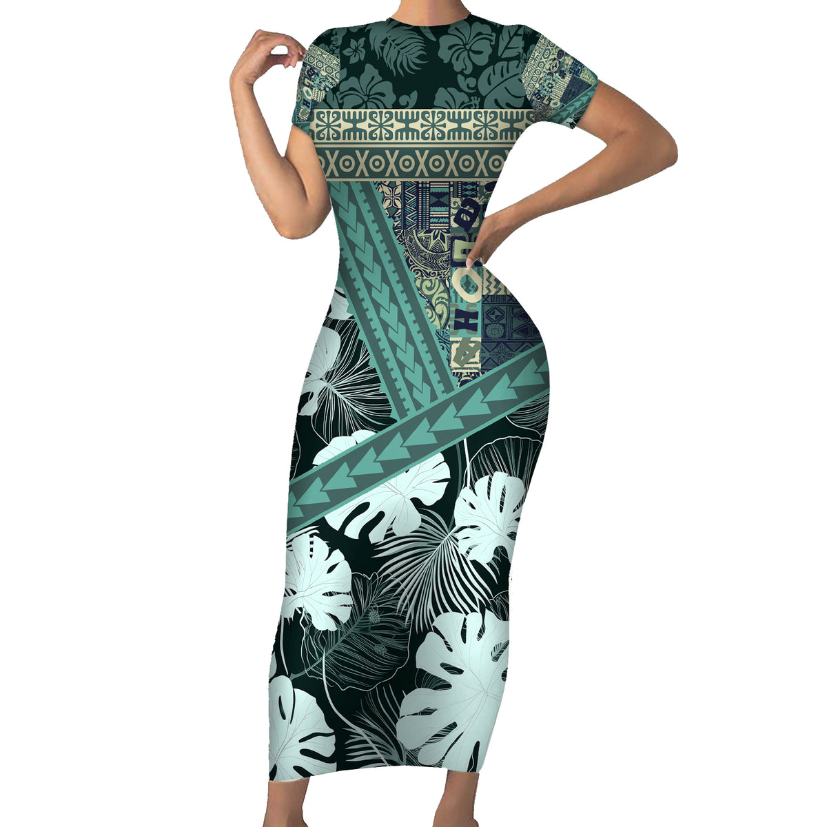 Hawaii Plant Kalo Short Sleeve Bodycon Dress Hawaiian Tapa Pattern LT0 - Polynesian Pride Hawaii Plant Kalo Short Sleeve Bodycon Dress Hawaiian Tapa Pattern LT0 - Polynesian Pride