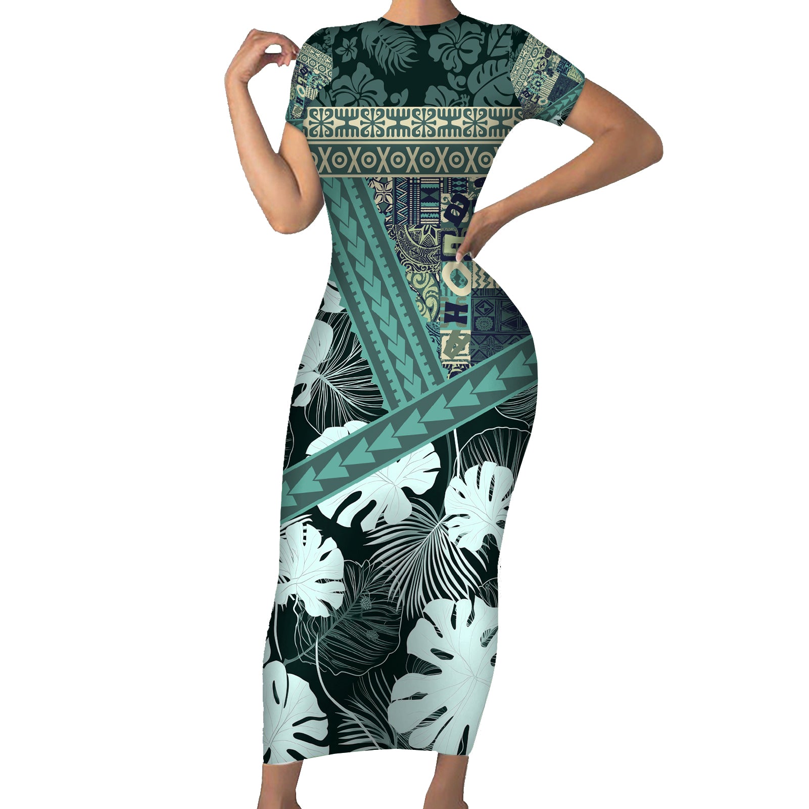 Hawaii Plant Kalo Short Sleeve Bodycon Dress Hawaiian Tapa Pattern LT05 Long Dress Green - Polynesian Pride