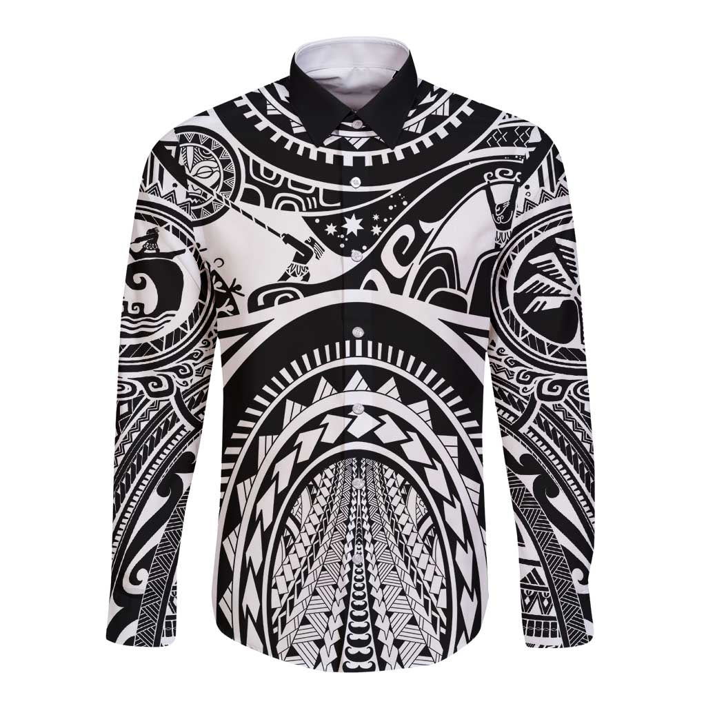 Polynesia Maui Tattoo Inspired Long Sleeve Button Shirt Black Version