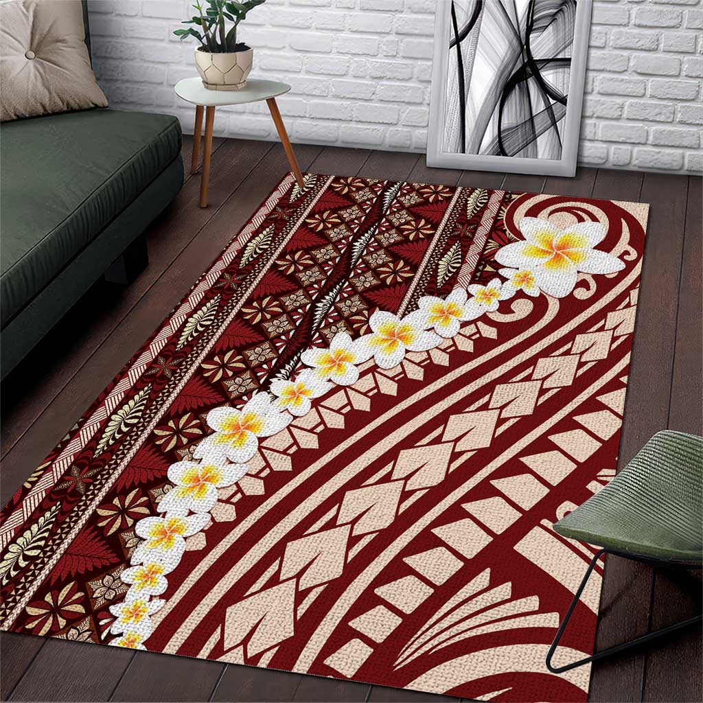 Red Vintage Tonga Ngatu Pattern With Plumeria Area Rug - Polynesian Pride