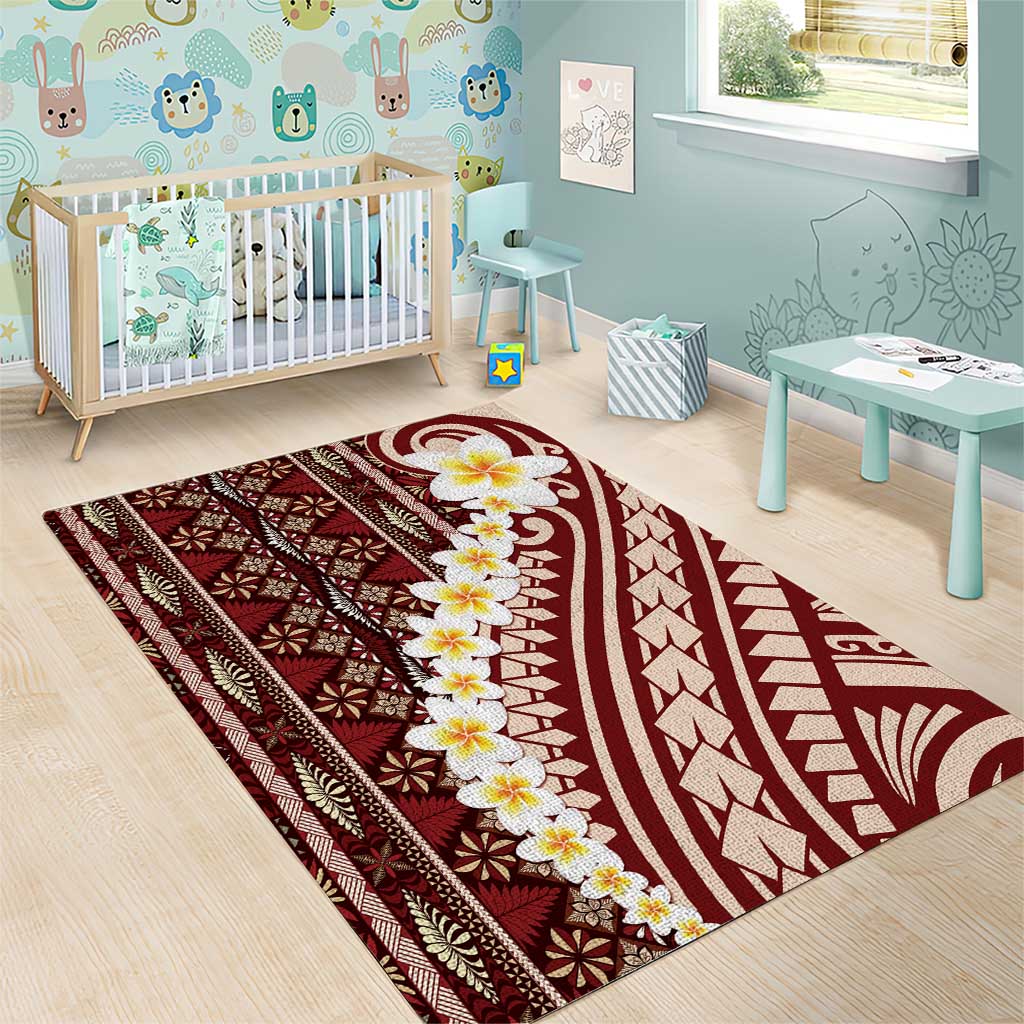Red Vintage Tonga Ngatu Pattern With Plumeria Area Rug - Polynesian Pride