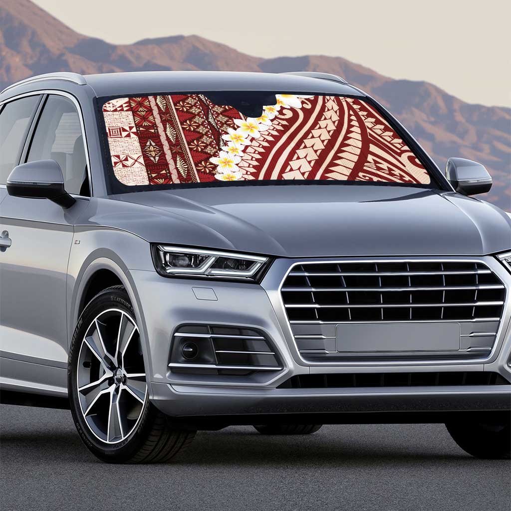 Red Vintage Tonga Ngatu Pattern With Plumeria Auto Sun Shade - Polynesian Pride