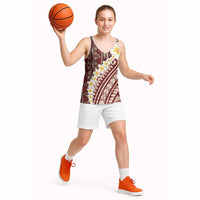 Red Vintage Tonga Ngatu Pattern With Plumeria Basketball Jersey - Polynesian Pride