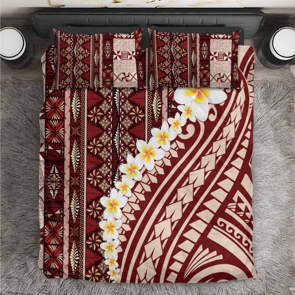 Red Vintage Tonga Ngatu Pattern With Plumeria Bedding Set - Polynesian Pride
