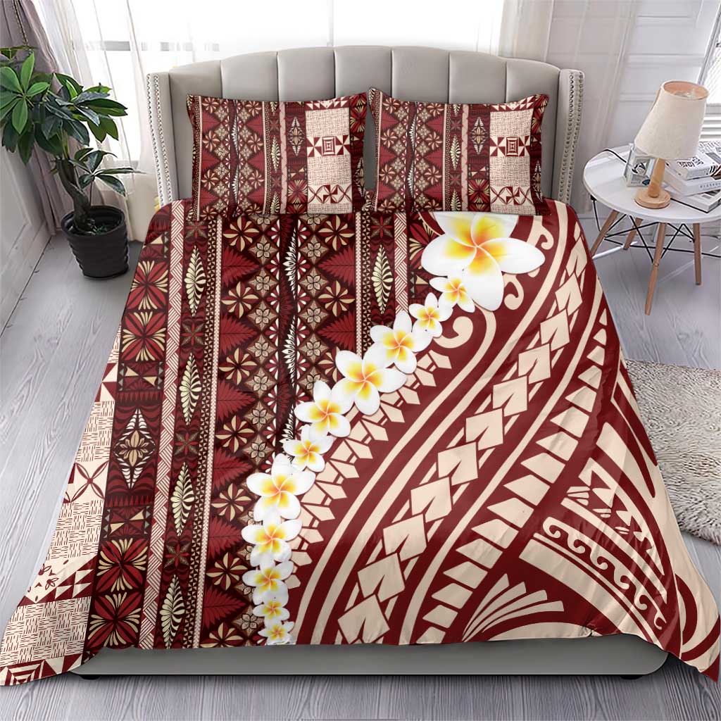 Red Vintage Tonga Ngatu Pattern With Plumeria Bedding Set - Polynesian Pride