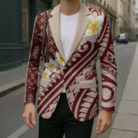Red Vintage Tonga Ngatu Pattern With Plumeria Blazer - Polynesian Pride