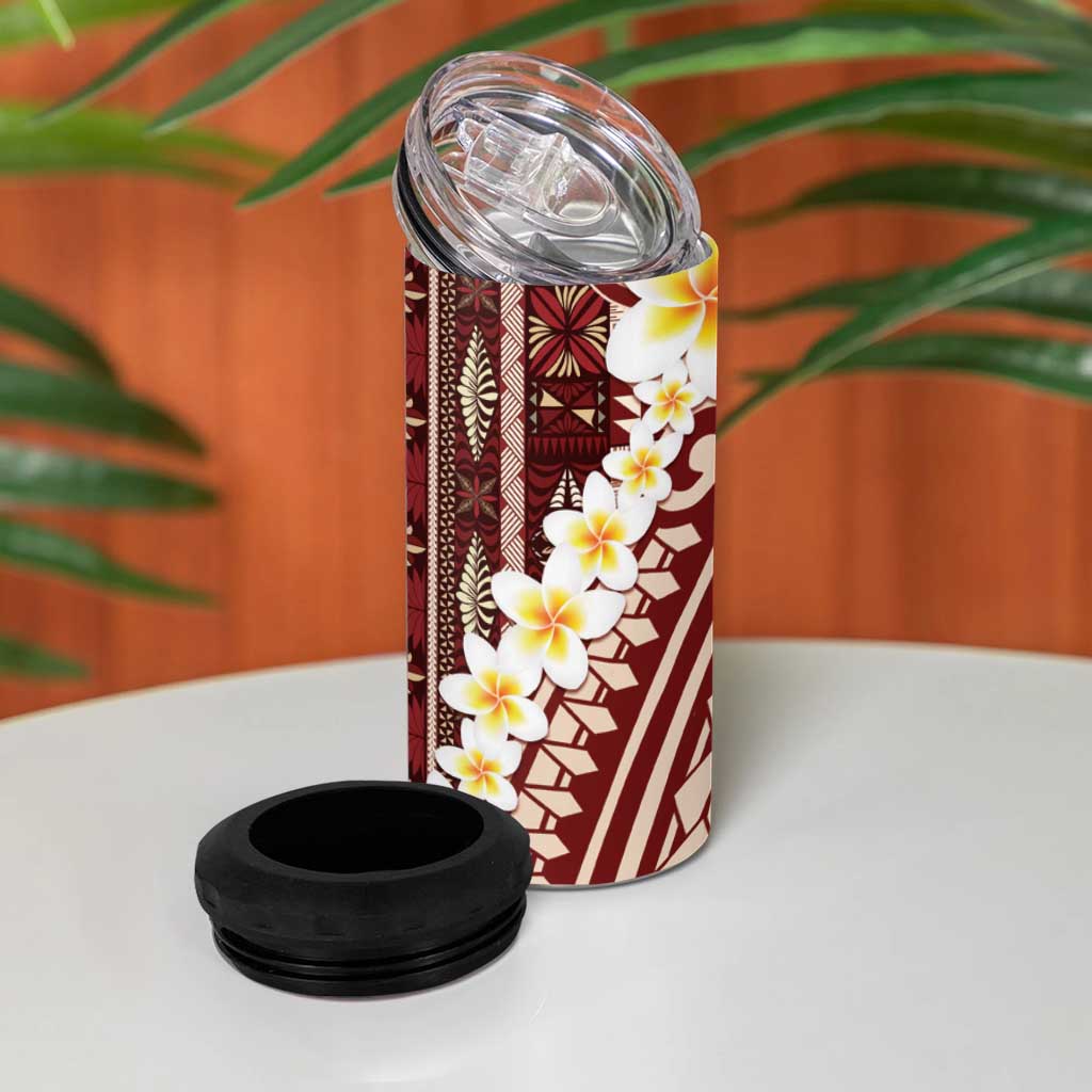 Red Vintage Tonga Ngatu Pattern With Plumeria 4 in 1 Can Cooler Tumbler - Polynesian Pride