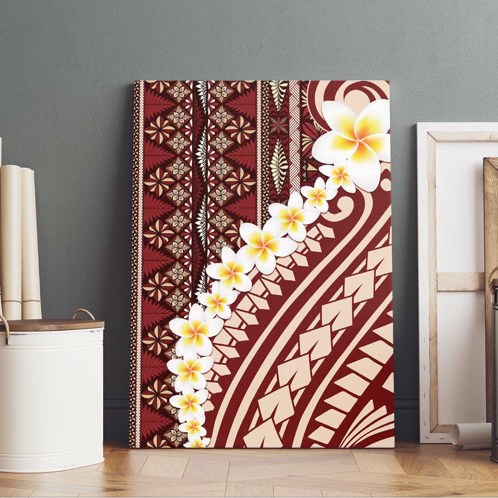 Red Vintage Tonga Ngatu Pattern With Plumeria Canvas Wall Art - Polynesian Pride