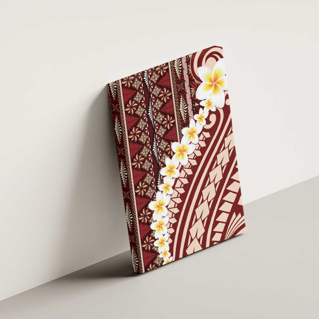 Red Vintage Tonga Ngatu Pattern With Plumeria Canvas Wall Art - Polynesian Pride