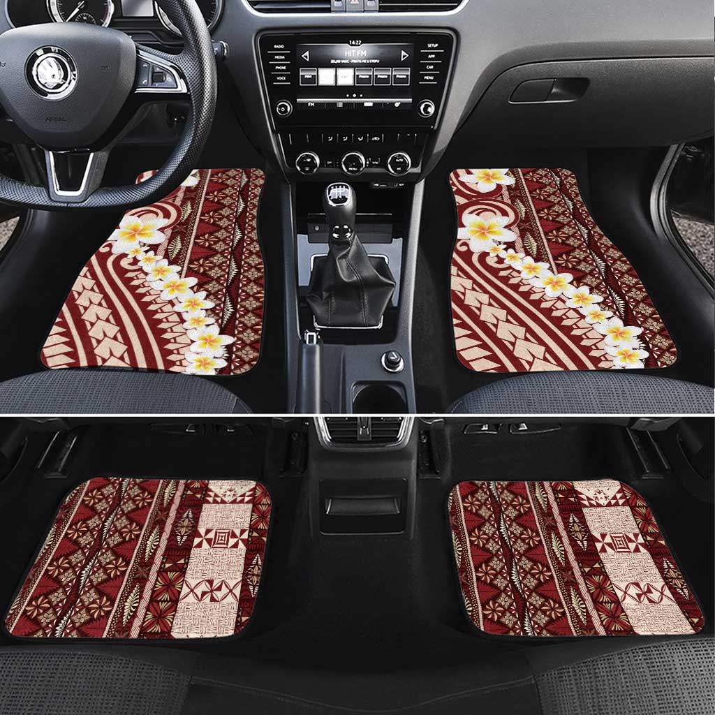 Red Vintage Tonga Ngatu Pattern With Plumeria Car Mats - Polynesian Pride