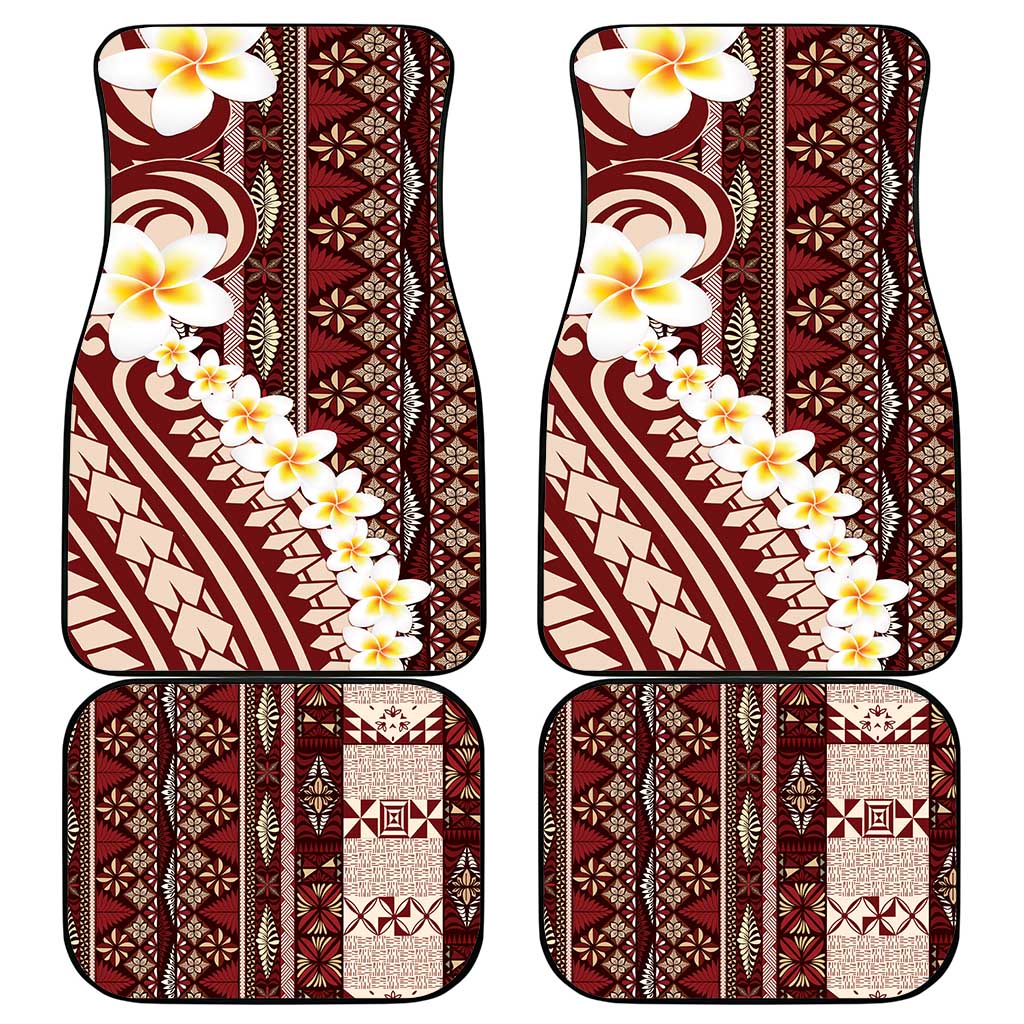 Red Vintage Tonga Ngatu Pattern With Plumeria Car Mats - Polynesian Pride