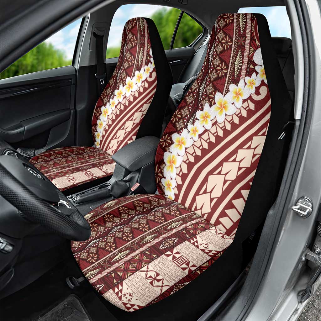 Red Vintage Tonga Ngatu Pattern With Plumeria Car Seat Cover - Polynesian Pride