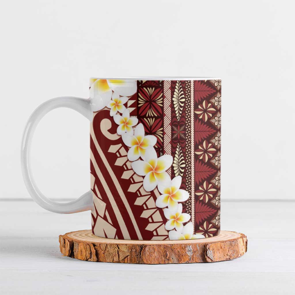 Red Vintage Tonga Ngatu Pattern With Plumeria Ceramic Mug - Polynesian Pride