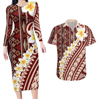 Red Vintage Tonga Ngatu Pattern With Plumeria Couples Matching Long Sleeve Bodycon Dress and Hawaiian Shirt - Polynesian Pride