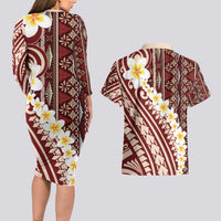 Red Vintage Tonga Ngatu Pattern With Plumeria Couples Matching Long Sleeve Bodycon Dress and Hawaiian Shirt - Polynesian Pride