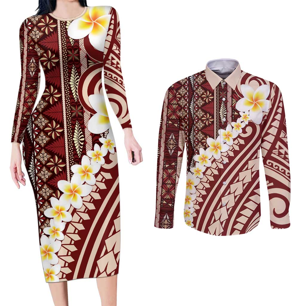 Red Vintage Tonga Ngatu Pattern With Plumeria Couples Matching Long Sleeve Bodycon Dress and Long Sleeve Button Shirt - Polynesian Pride