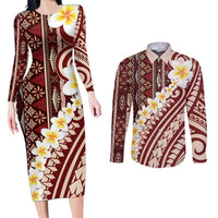 Red Vintage Tonga Ngatu Pattern With Plumeria Couples Matching Long Sleeve Bodycon Dress and Long Sleeve Button Shirt - Polynesian Pride