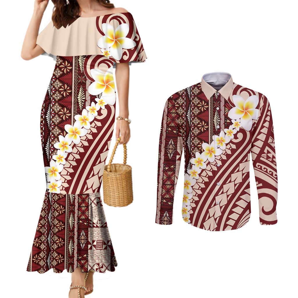 Red Vintage Tonga Ngatu Pattern With Plumeria Couples Matching Mermaid Dress and Long Sleeve Button Shirt LT05 Red - Polynesian Pride