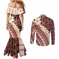 Red Vintage Tonga Ngatu Pattern With Plumeria Couples Matching Mermaid Dress and Long Sleeve Button Shirt LT05 - Polynesian Pride