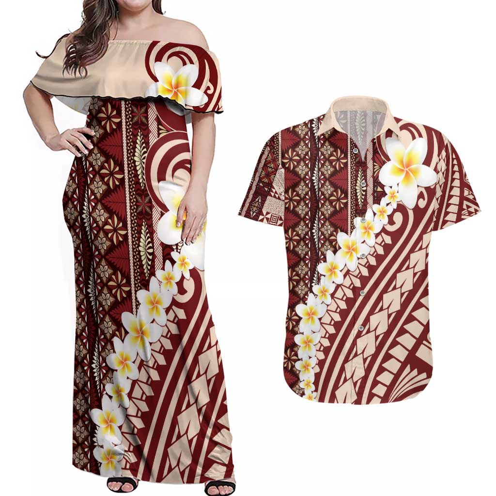 Red Vintage Tonga Ngatu Pattern With Plumeria Couples Matching Off Shoulder Maxi Dress and Hawaiian Shirt - Polynesian Pride