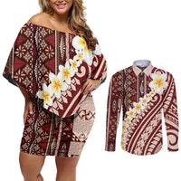 Red Vintage Tonga Ngatu Pattern With Plumeria Couples Matching Off Shoulder Short Dress and Long Sleeve Button Shirt - Polynesian Pride