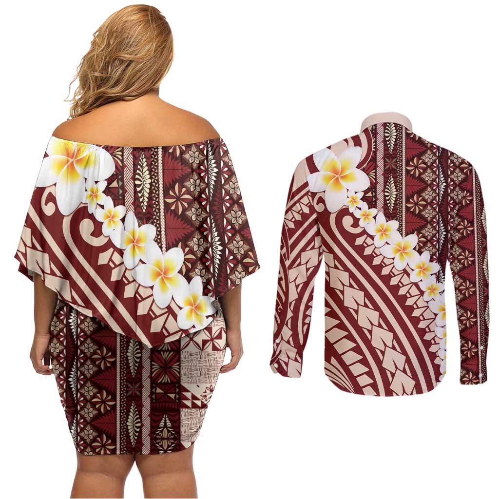 Red Vintage Tonga Ngatu Pattern With Plumeria Couples Matching Off Shoulder Short Dress and Long Sleeve Button Shirt - Polynesian Pride
