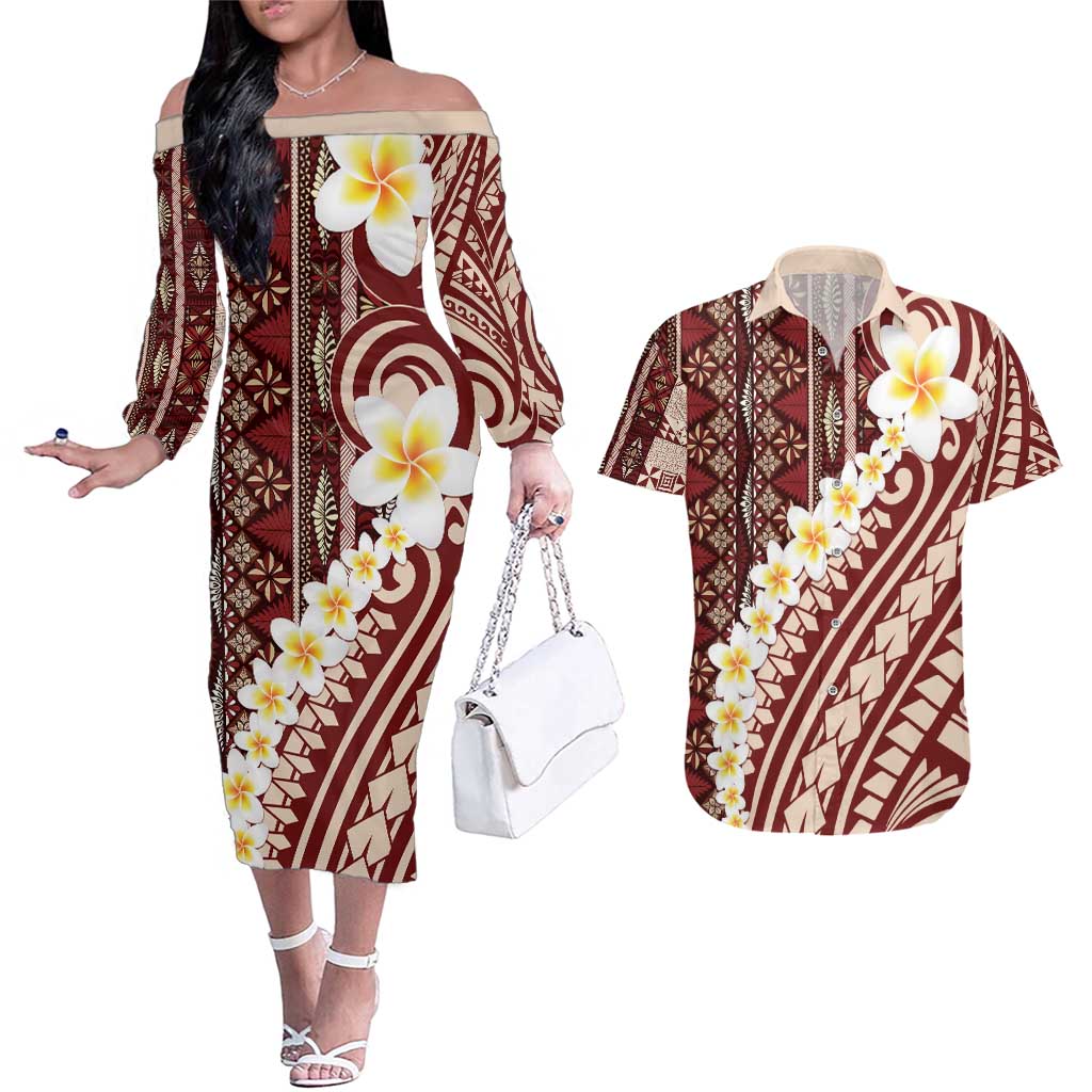 Red Vintage Tonga Ngatu Pattern With Plumeria Couples Matching Off The Shoulder Long Sleeve Dress and Hawaiian Shirt - Polynesian Pride