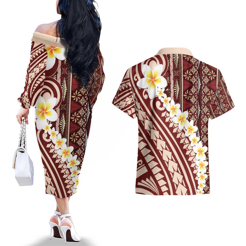 Red Vintage Tonga Ngatu Pattern With Plumeria Couples Matching Off The Shoulder Long Sleeve Dress and Hawaiian Shirt - Polynesian Pride