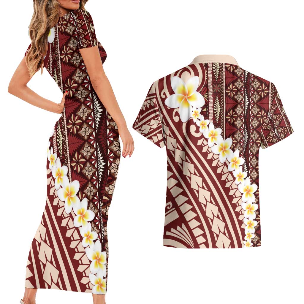 Red Vintage Tonga Ngatu Pattern With Plumeria Couples Matching Short Sleeve Bodycon Dress and Hawaiian Shirt - Polynesian Pride