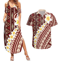 Red Vintage Tonga Ngatu Pattern With Plumeria Couples Matching Summer Maxi Dress and Hawaiian Shirt - Polynesian Pride