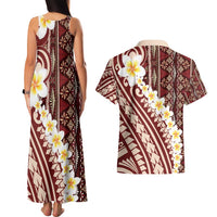 Red Vintage Tonga Ngatu Pattern With Plumeria Couples Matching Tank Maxi Dress and Hawaiian Shirt - Polynesian Pride