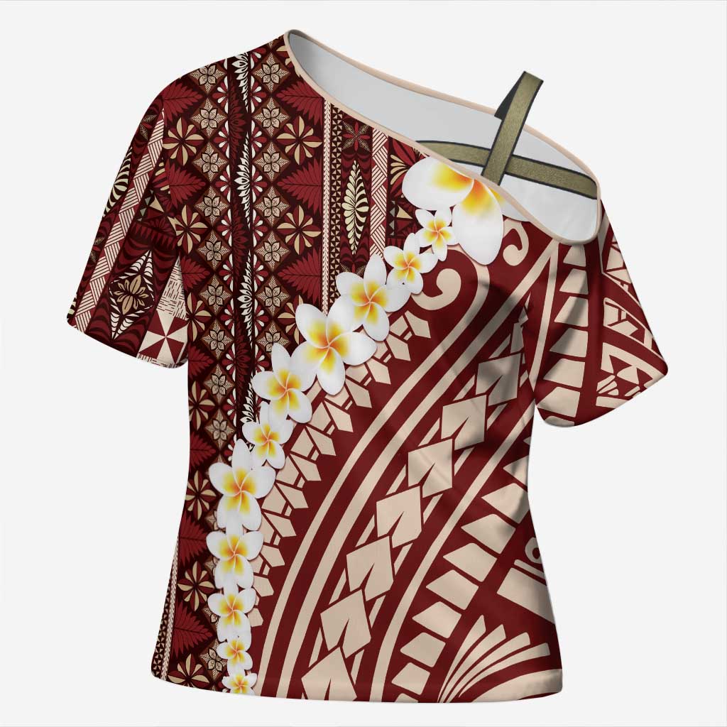 Red Vintage Tonga Ngatu Pattern With Plumeria Cross Shoulder Shirt LT05 Female Red - Polynesian Pride