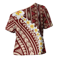 Red Vintage Tonga Ngatu Pattern With Plumeria Cross Shoulder Shirt - Polynesian Pride