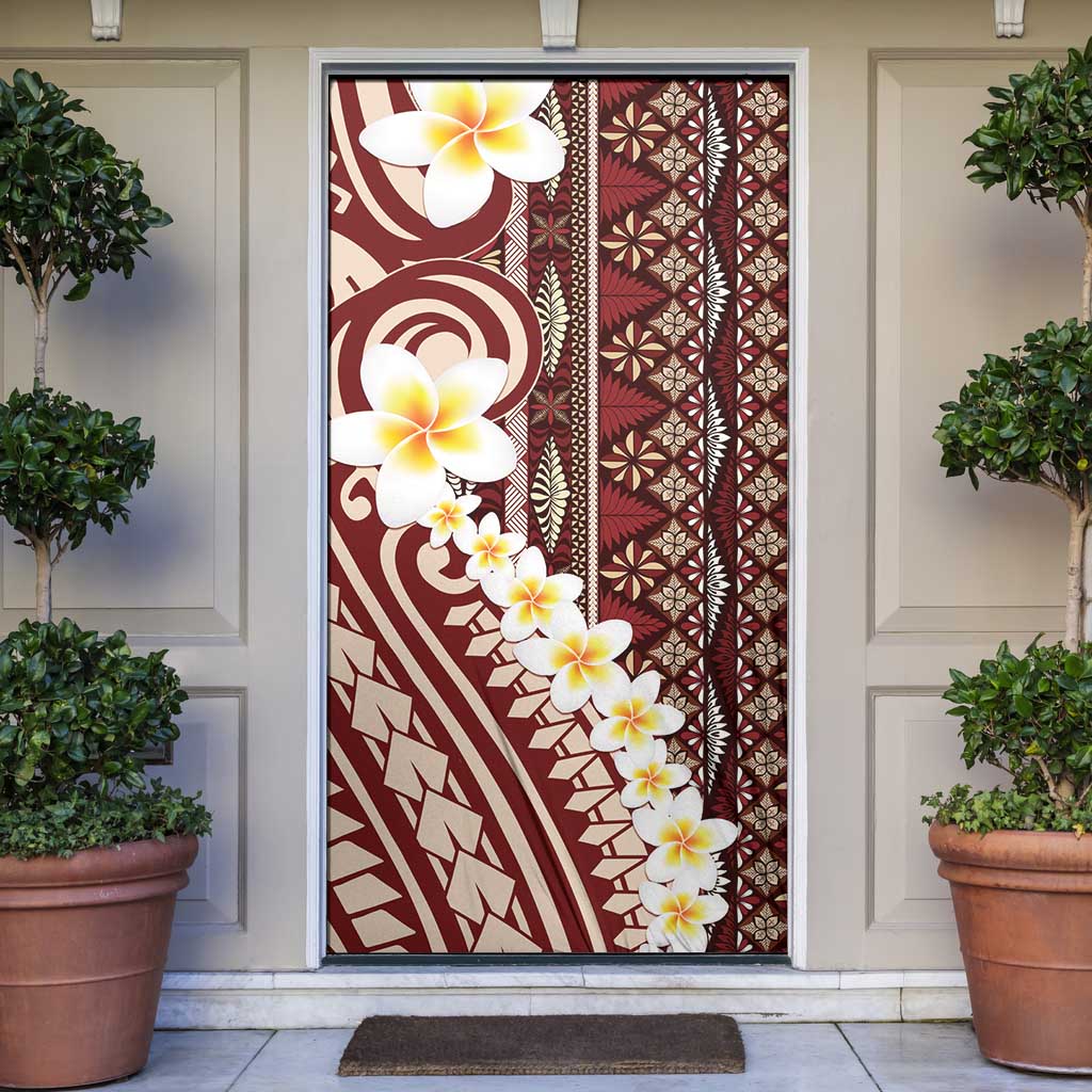 Red Vintage Tonga Ngatu Pattern With Plumeria Door Cover - Polynesian Pride