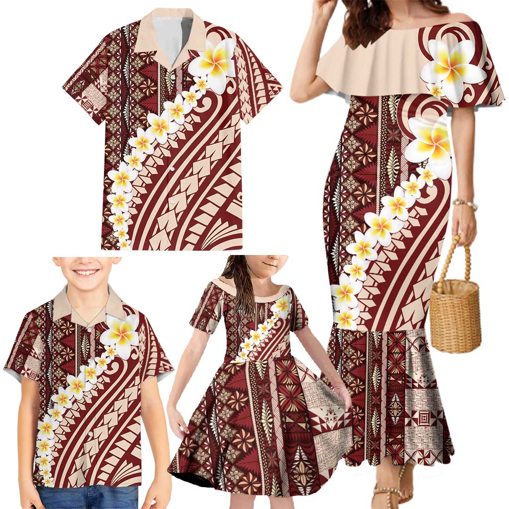 Red Vintage Tonga Ngatu Pattern With Plumeria Family Matching Mermaid Dress and Hawaiian Shirt LT05 - Polynesian Pride