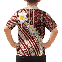 Red Vintage Tonga Ngatu Pattern With Plumeria Family Matching Off The Shoulder Long Sleeve Dress and Hawaiian Shirt - Polynesian Pride