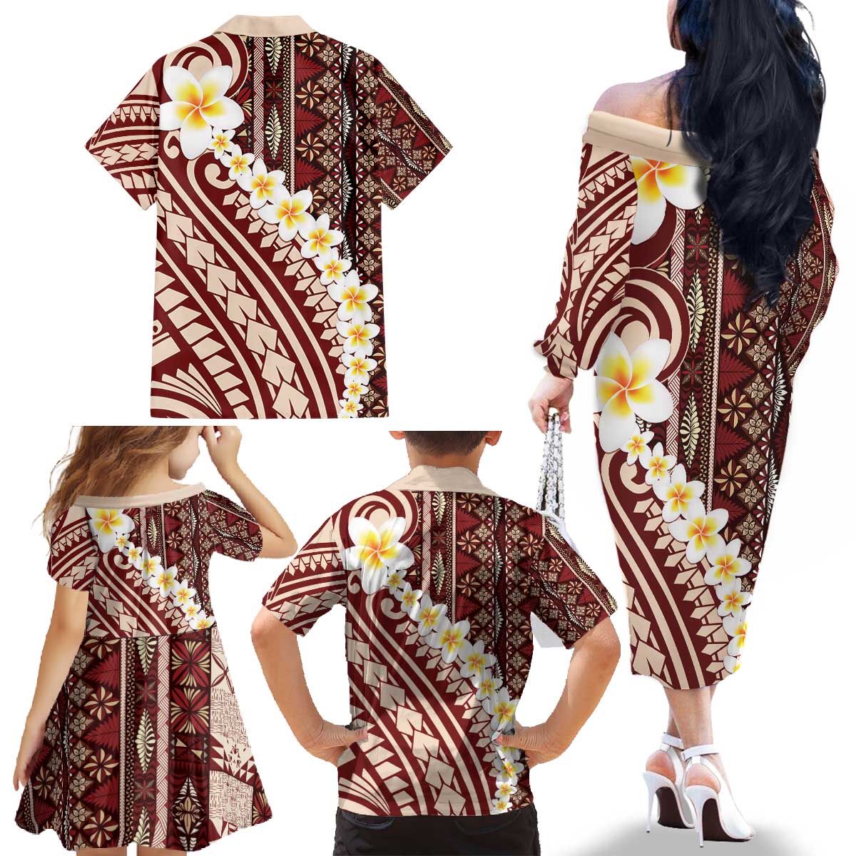 Red Vintage Tonga Ngatu Pattern With Plumeria Family Matching Off The Shoulder Long Sleeve Dress and Hawaiian Shirt - Polynesian Pride