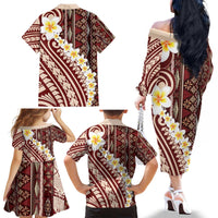 Red Vintage Tonga Ngatu Pattern With Plumeria Family Matching Off The Shoulder Long Sleeve Dress and Hawaiian Shirt - Polynesian Pride