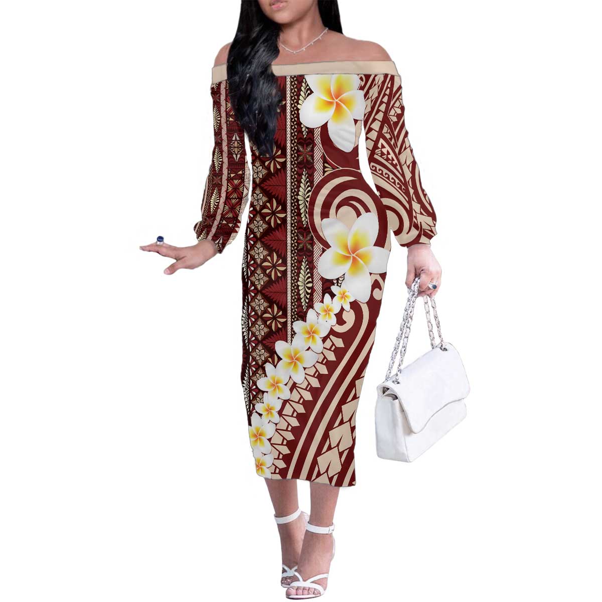 Red Vintage Tonga Ngatu Pattern With Plumeria Family Matching Off The Shoulder Long Sleeve Dress and Hawaiian Shirt - Polynesian Pride
