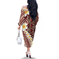 Red Vintage Tonga Ngatu Pattern With Plumeria Family Matching Off The Shoulder Long Sleeve Dress and Hawaiian Shirt - Polynesian Pride