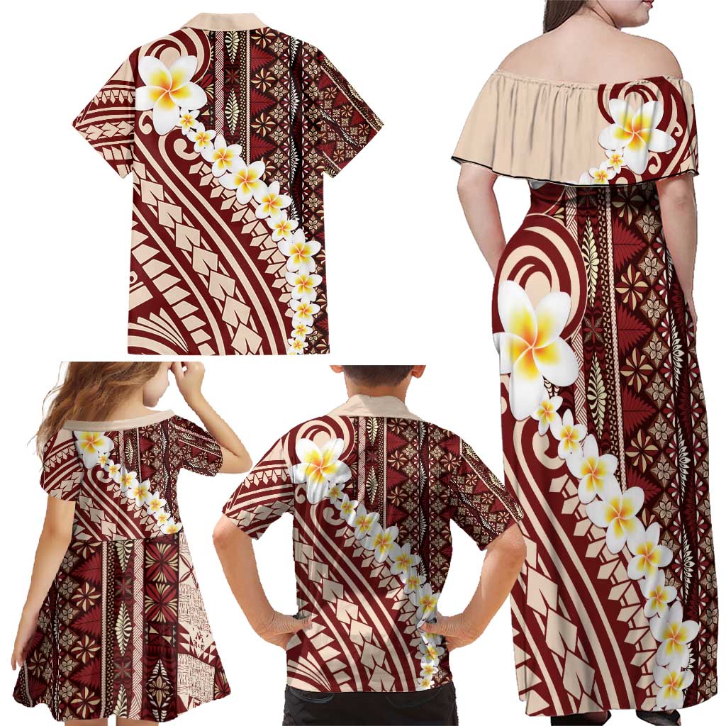 Red Vintage Tonga Ngatu Pattern With Plumeria Family Matching Off Shoulder Maxi Dress and Hawaiian Shirt - Polynesian Pride