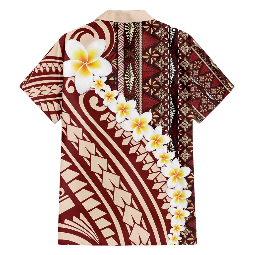 Red Vintage Tonga Ngatu Pattern With Plumeria Family Matching Off Shoulder Maxi Dress and Hawaiian Shirt - Polynesian Pride